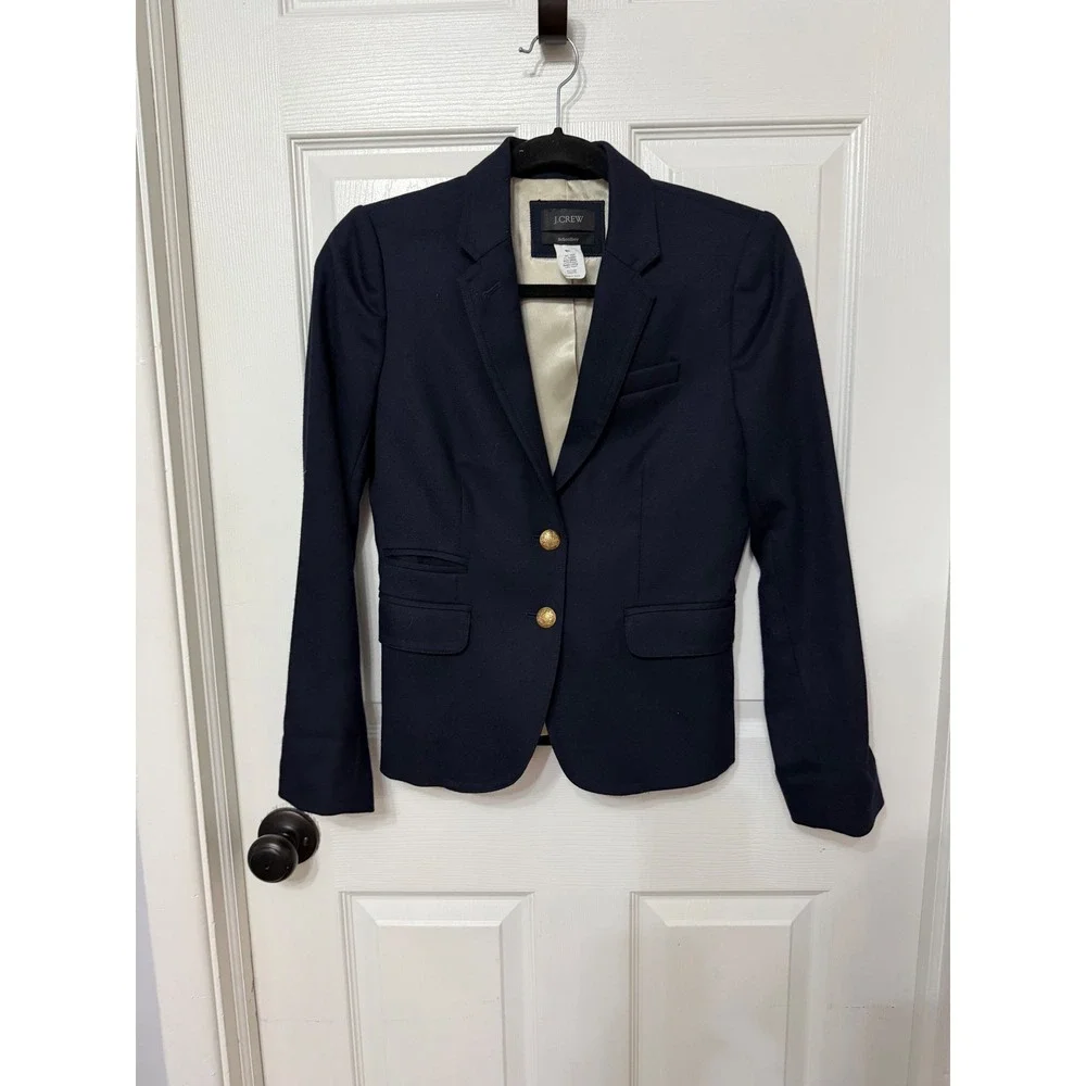 J.Crew Schoolboy Blazer Navy Blue Wool Blend Gold Crest Button‎ Jacket 0 RN77388 - Picture 2 of 7